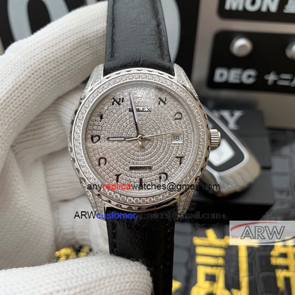 Copy Rolex Datejust Iced Out Watch 40mm Black Leather Strap